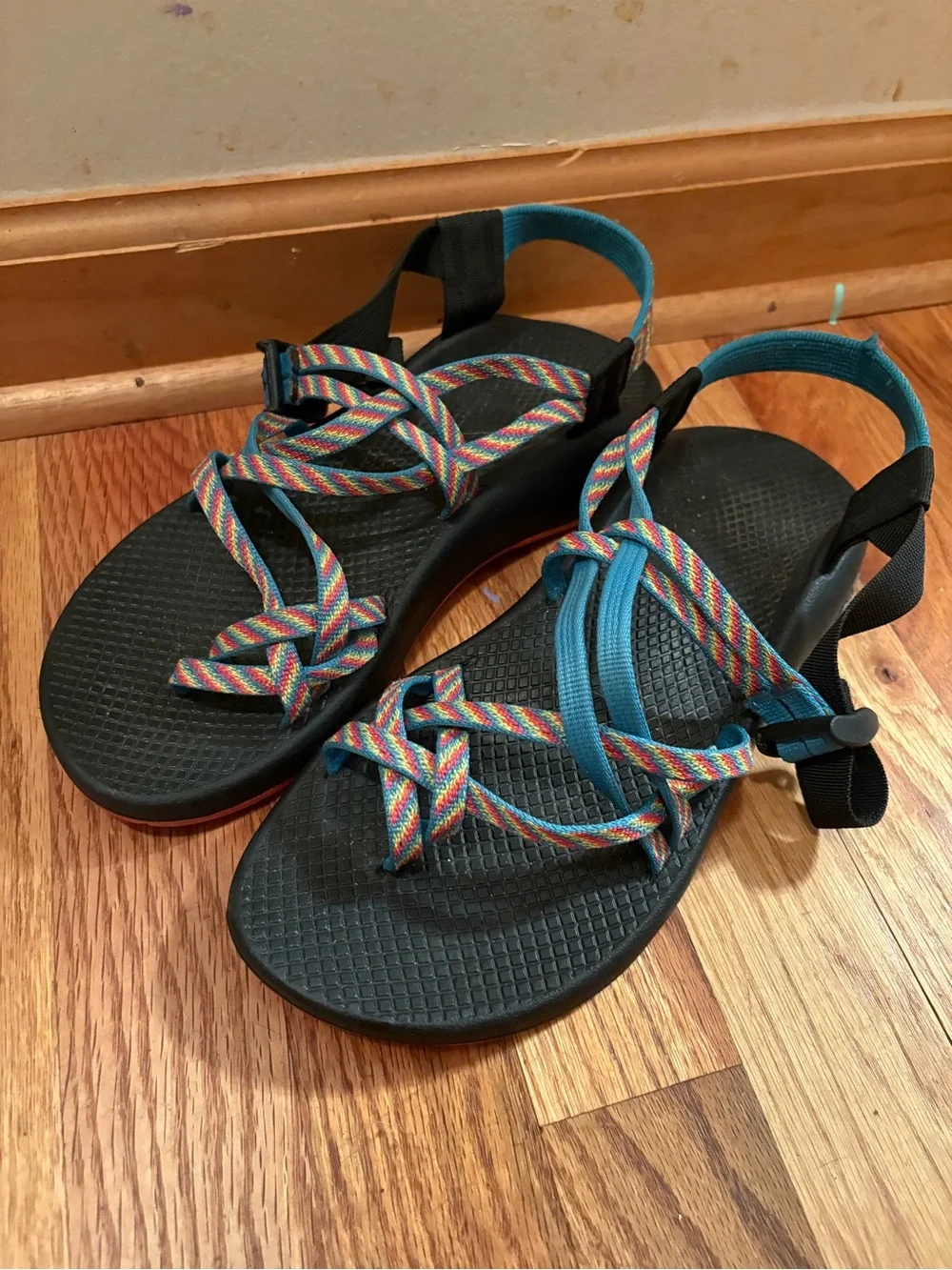 Chaco Women's Black Footbed Sandals with Multicolor Rainbow Straps